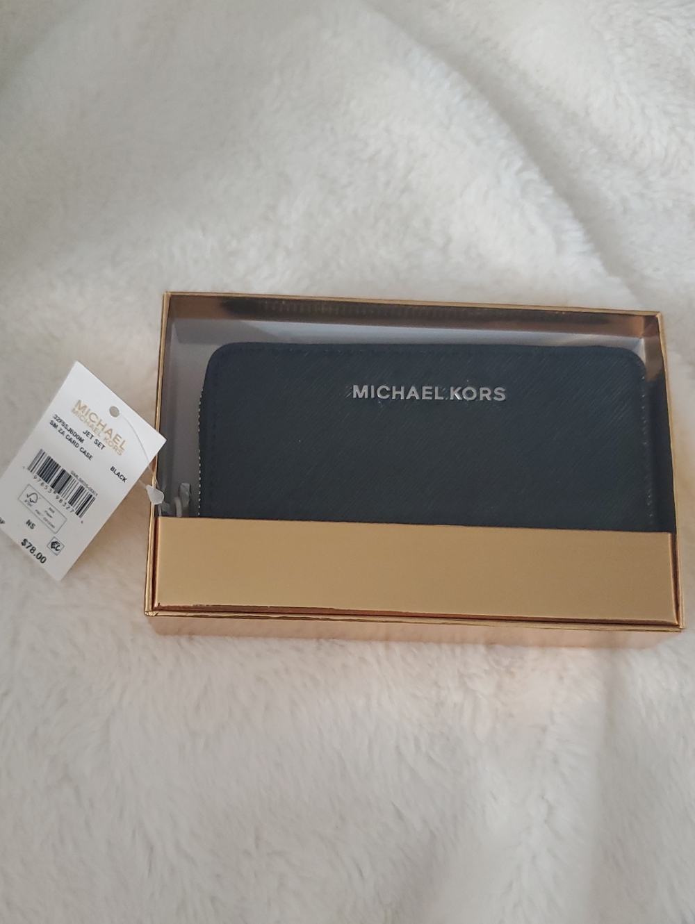 Michael Kors Black Saffiano Zip Card Holder with Silver Logo